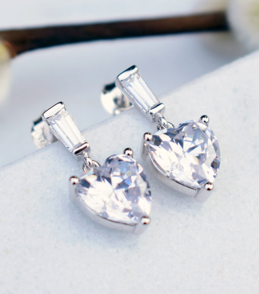 Cubic Zirconia Heart Drop Earrings, earrings - Katherine Swaine