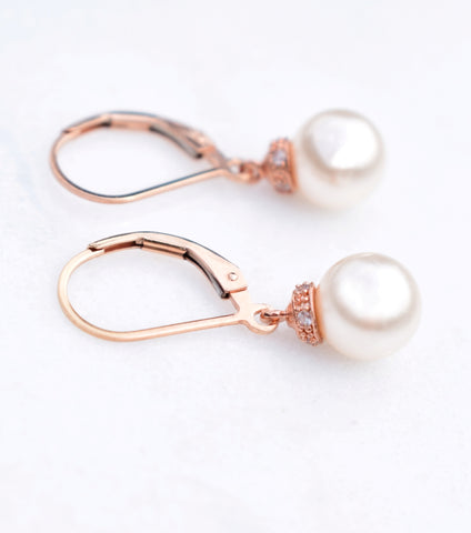 Embellished Round Pearl Drop Earrings in Rose Gold, earrings - Katherine Swaine