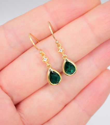 Emerald Green Long Teardrop Gold Plated Hook Earrings