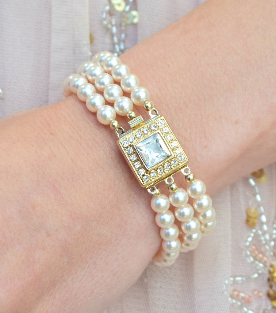 Gold Art Deco Inspired Three String Pearl Bracelet, bracelet - Katherine Swaine