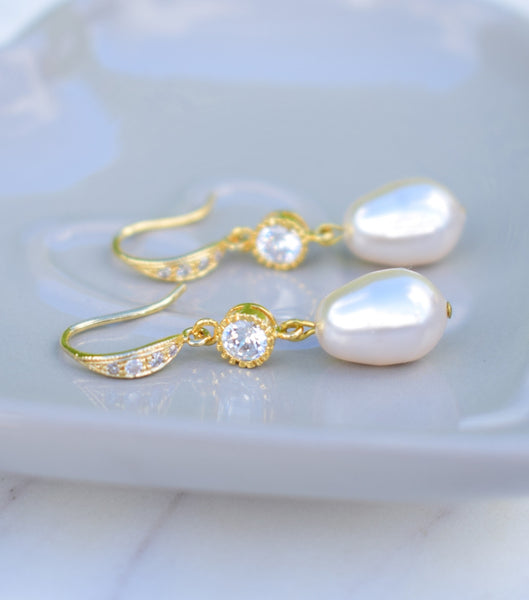 Gold Crystal And Pearl Fish Hook Earrings, earrings - Katherine Swaine