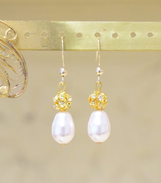 Gold Diamante and Pearl Drop Earrings, earrings - Katherine Swaine