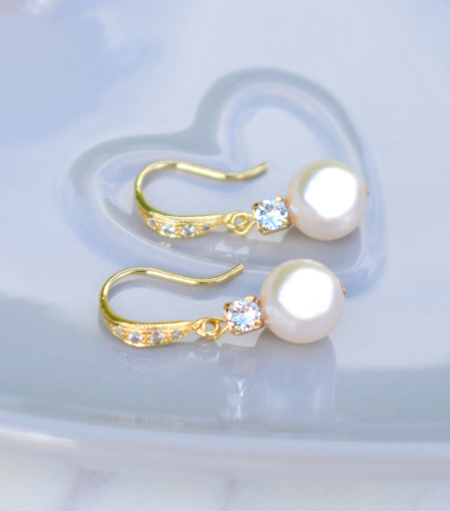 Yellow Gold Rhinestone And Pearl Fish Hook Earrings