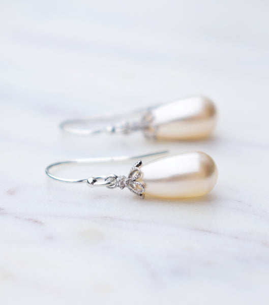 Open Flower Pearl Drop Earrings in Silver, earrings - Katherine Swaine