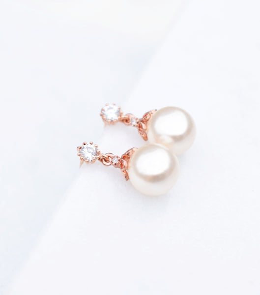 Open Flower Round Pearl Stud Earrings in Rose Gold, earrings - Katherine Swaine