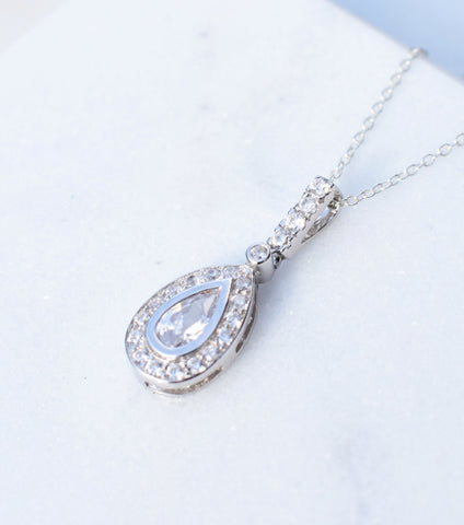 Pear Shaped Silver Pave Drop Necklace, Necklace - Katherine Swaine