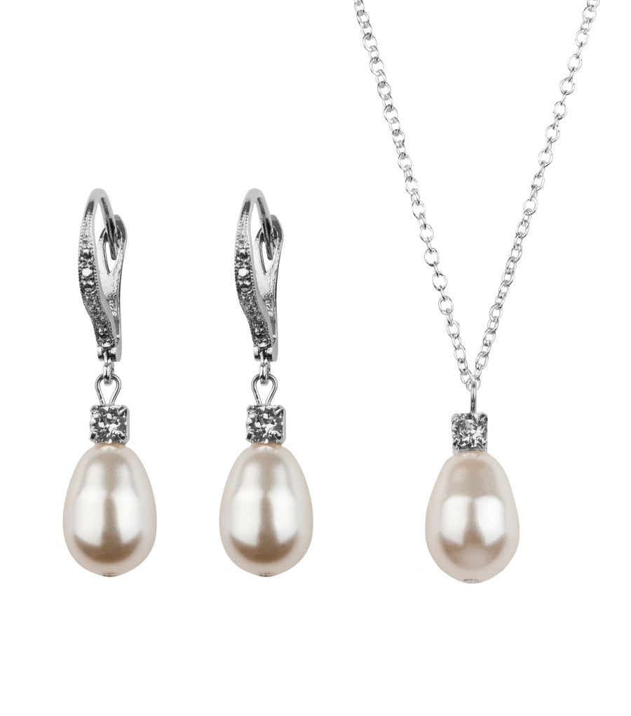 Rhinestone And Pearl Leverback Earring And Necklace Set, Jewellery Sets - Katherine Swaine