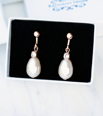Rhinestone And Teardrop Pearl Clip On Earrings in Rose Gold, earrings - Katherine Swaine
