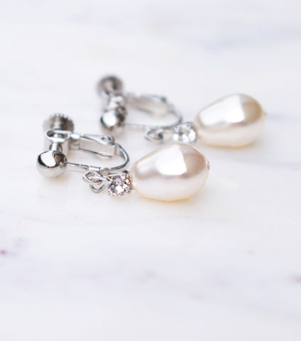 Rhinestone And Teardrop Pearl Clip On Earrings in Silver, earrings - Katherine Swaine