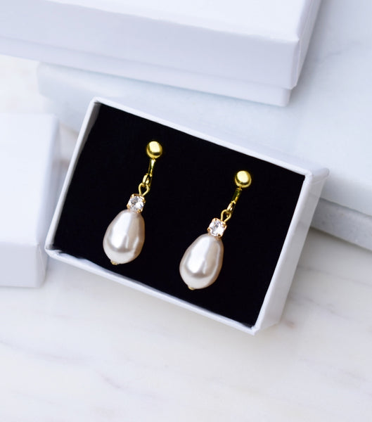 Rhinestone And Teardrop Pearl Clip On Earrings in Yellow Gold, earrings - Katherine Swaine