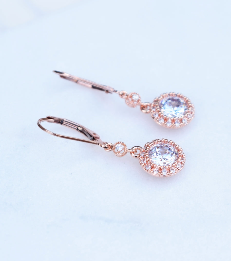 Rose Gold Cubic Zirconia Long Drop Leverback Earrings, earrings - Katherine Swaine