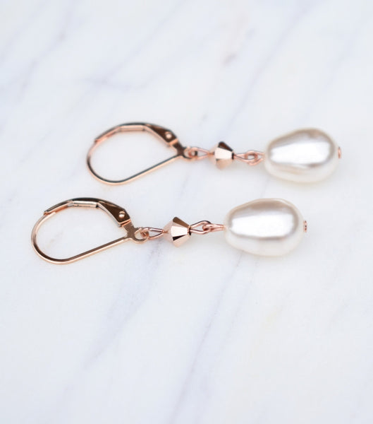 Rose Gold Pearl Drop Leverback Earrings, earrings - Katherine Swaine