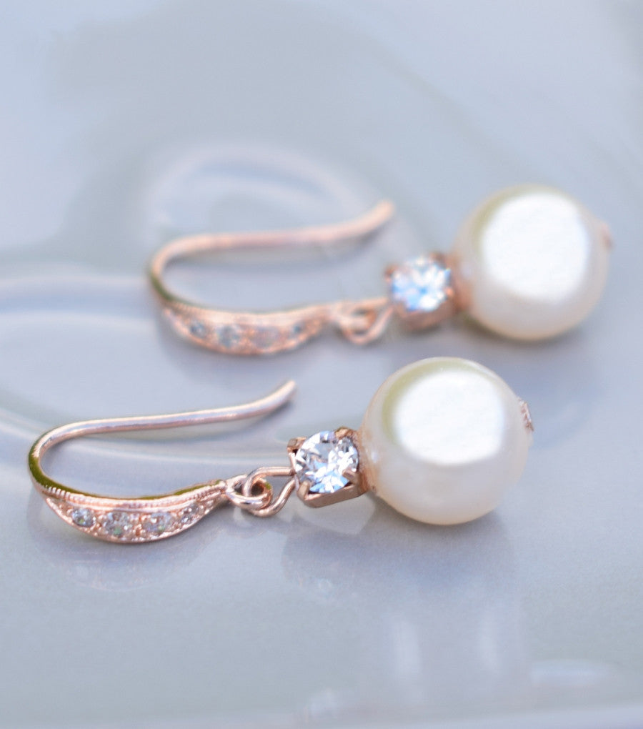 Rose Gold Rhinestone And Pearl Fish Hook Earrings, earrings - Katherine Swaine