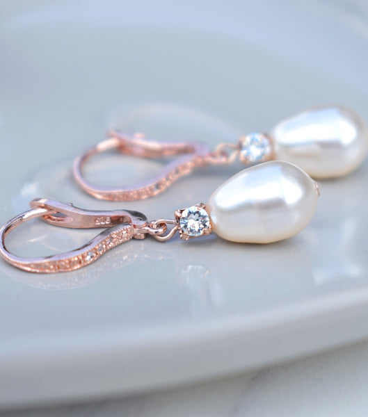 Rose Gold Rhinestone and Pearl Leverback Earrings, earrings - Katherine Swaine
