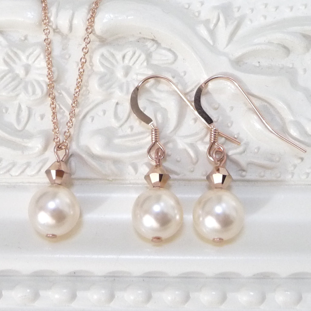Rose Gold Pearl Drop Earring and Necklace Set, Jewellery Sets - Katherine Swaine