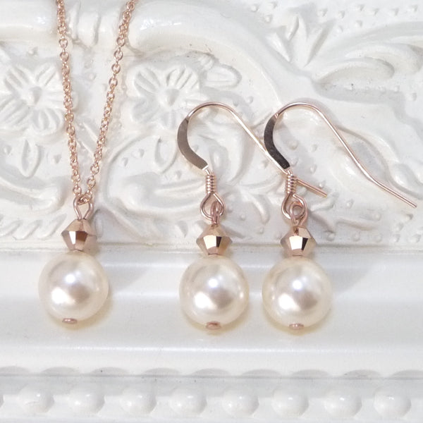 Rose Gold Pearl Drop Earring and Necklace Set, Jewellery Sets - Katherine Swaine