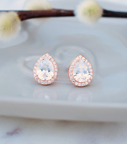 Rose Gold Teardrop Cubic Zirconia Stud Earrings, earrings - Katherine Swaine