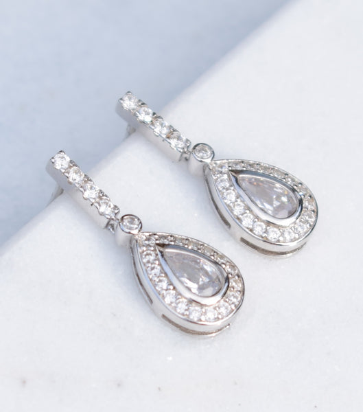 Silver Pear Shaped Pave Drop Stud Earrings, earrings - Katherine Swaine