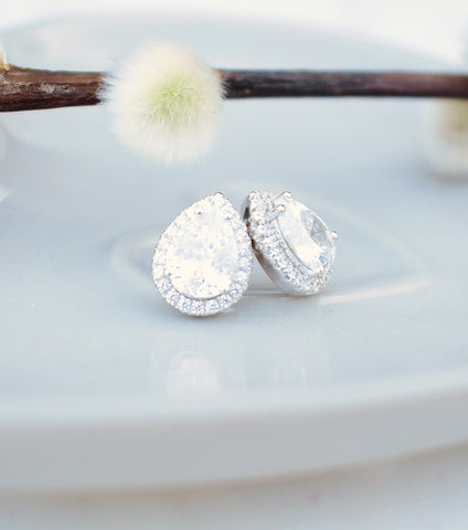 Silver Teardrop Cubic Zirconia Stud Earrings, earrings - Katherine Swaine