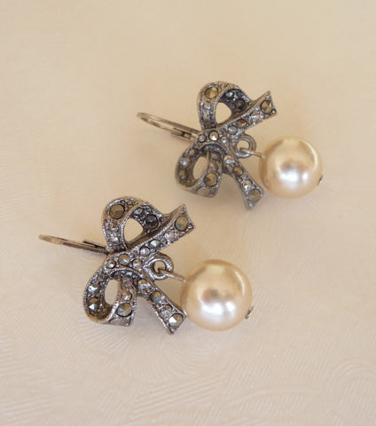 Vintage Marcasite & Pearl Bow Earrings *RESERVED*, earrings - Katherine Swaine