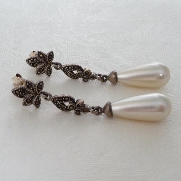 Vintage Marcasite Pearl Drop Earrings *SOLD*, earrings - Katherine Swaine